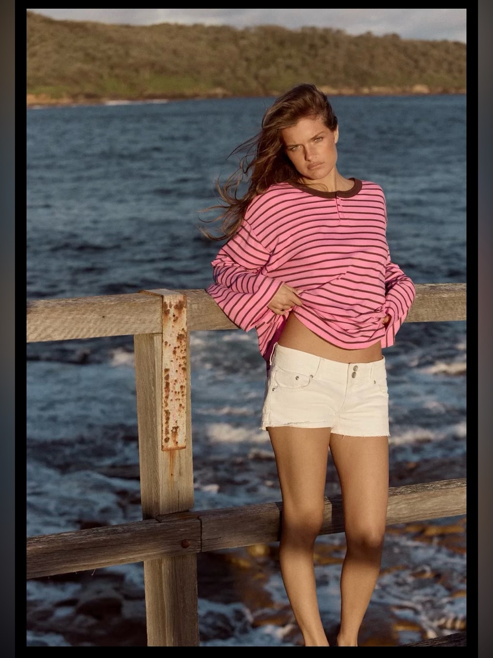 Zara Pink & Brown Striped Oversized Henley Long Sleeve Top | Medium | NWT